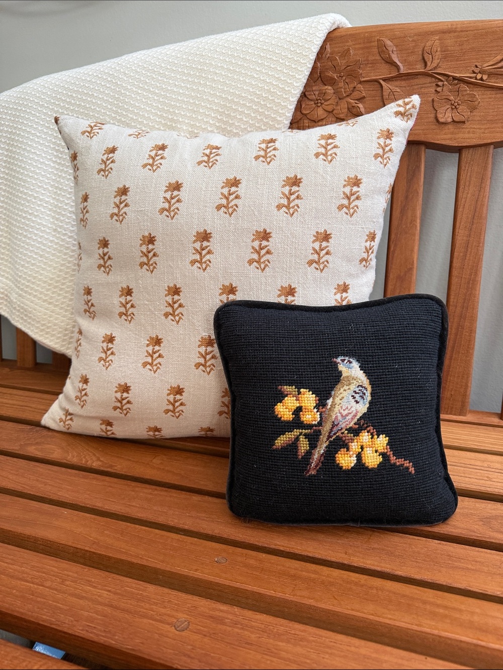 Small Decorative Bird Needlepoint Pillow - Black with Yellow Accent